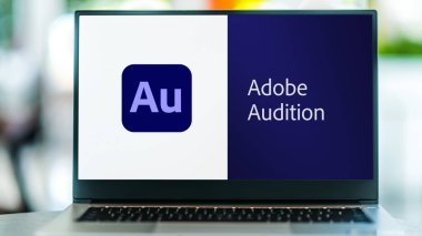 POZNAN, POL - SEP 22, 2021: Laptop computer displaying logo of Adobe Audition, a digital audio workstation from Adobe Systems