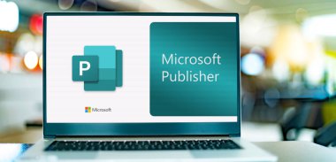 POZNAN, POL - DEC 12, 2021: Laptop computer displaying logo of Microsoft Publisher, a desktop publishing application, part of the Office family software and services developed by Microsoft