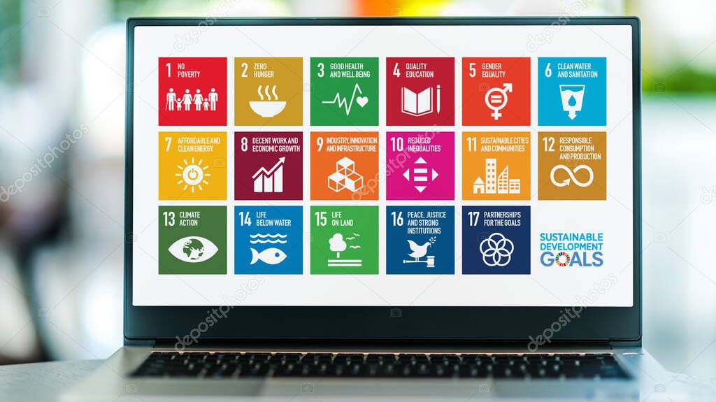 POZNAN, POL - NOV 20, 2021: Laptop displaying logo of The Sustainable Development Goals, a collection of 17 interlinked global goals set up in 2015 by the United Nations General Assembly