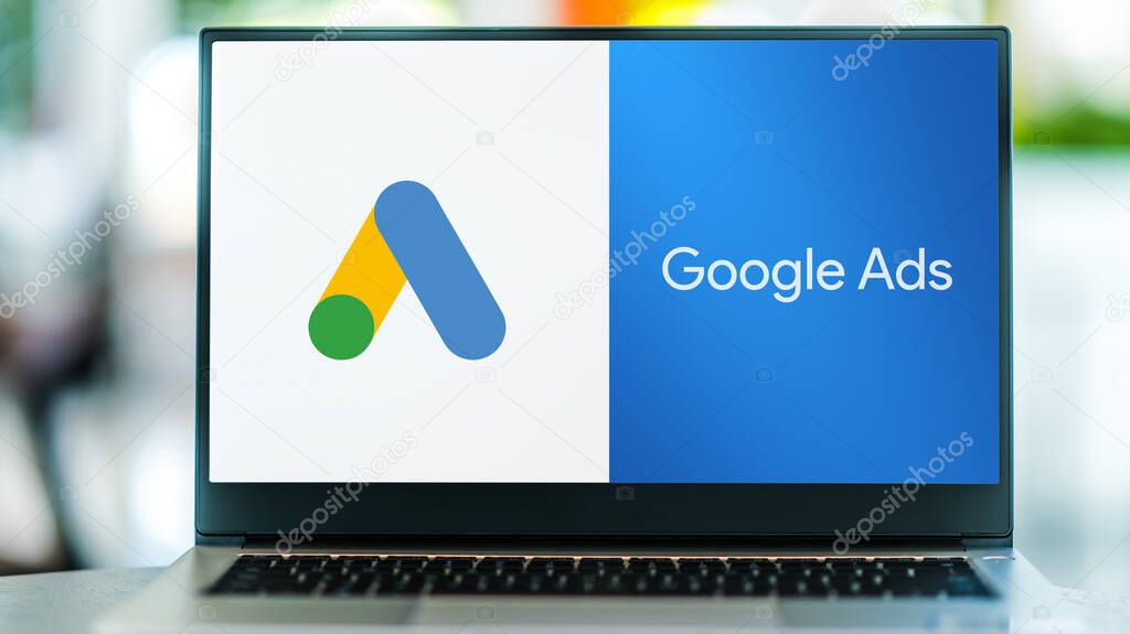 POZNAN, POL - SEP 22, 2021: Laptop computer displaying logo of Google Ads, an online advertising platform developed by Google