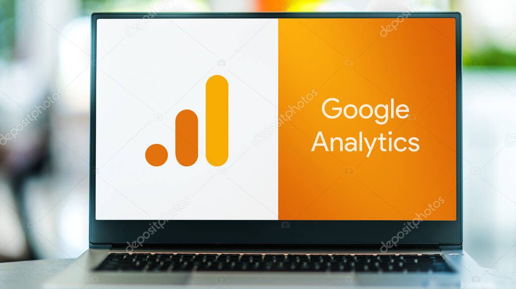 POZNAN, POL - SEP 22, 2021: Laptop computer displaying logo of Google Analytics, a web analytics service offered by Google that tracks and reports website traffic