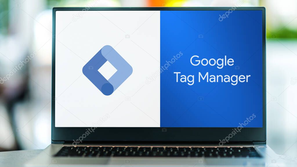 POZNAN, POL - SEP 22, 2021: Laptop computer displaying logo of Google Tag Manager, a Tag management system to manage JavaScript and HTML tags, including web beacons, for web tracking and analytics