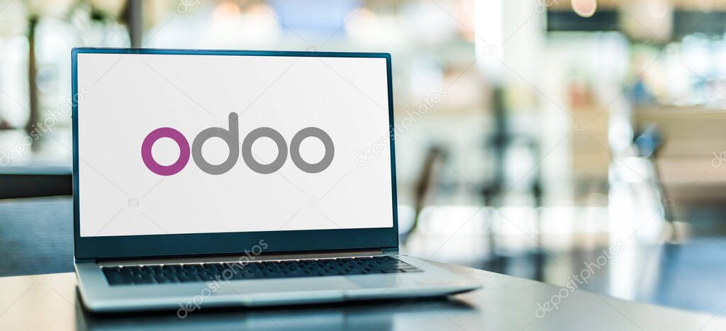 POZNAN, POL - SEP 23, 2020: Laptop computer displaying logo of Odoo, a suite of business management software tools
