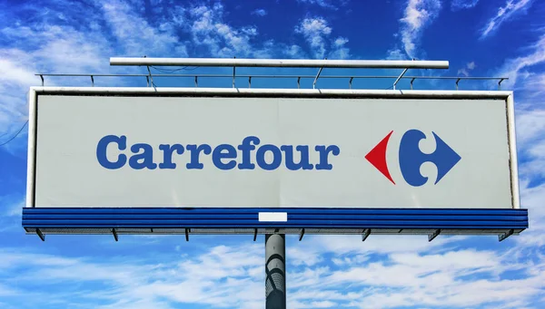 Poznan Pol Maggio 2022 Pubblicità Cartellone Pubblicitario Con Logo Carrefour — Foto Stock