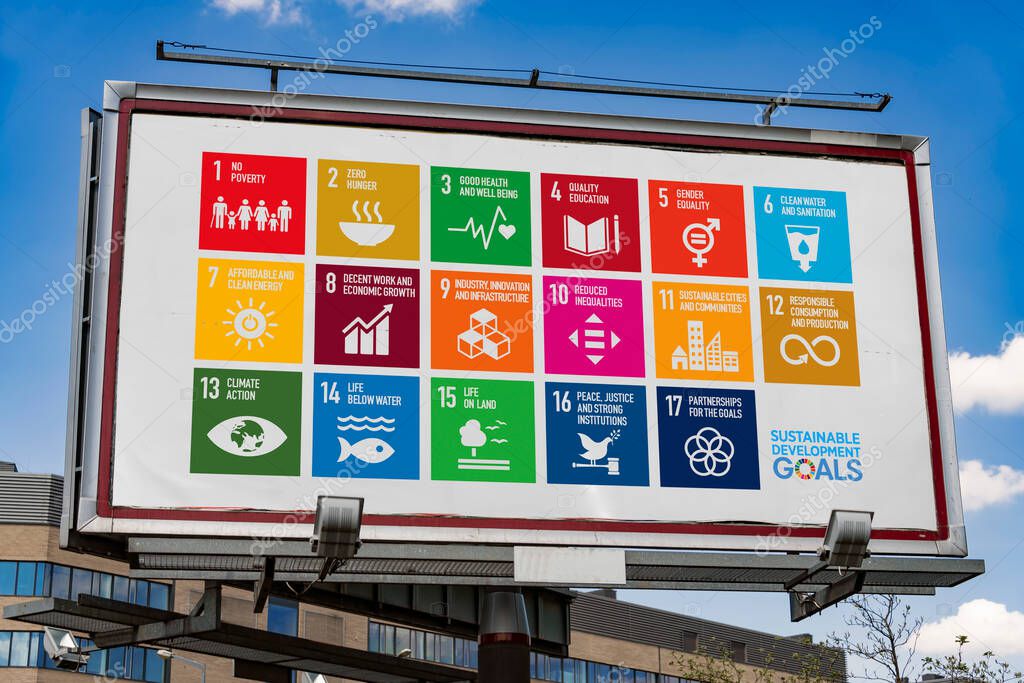 POZNAN, POL - MAY 1, 2022: Advertisement billboard displaying logo of The Sustainable Development Goals, a collection of 17 interlinked global goals set up in 2015 by the United Nations General Assembly