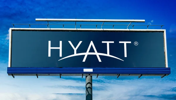 Poznan Pol May 2022 Advertisement Billboard Displaying Logo Hyatt Hotels — Stok fotoğraf