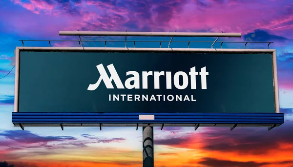 Poznan Pol May 2022 Advertisement Billboard Displaying Logo Marriott Int — Stok fotoğraf