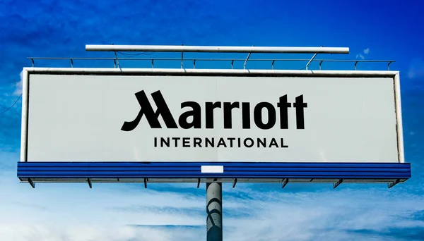 Poznan Pol May 2022 Advertisement Billboard Displaying Logo Marriott Int — Stok fotoğraf