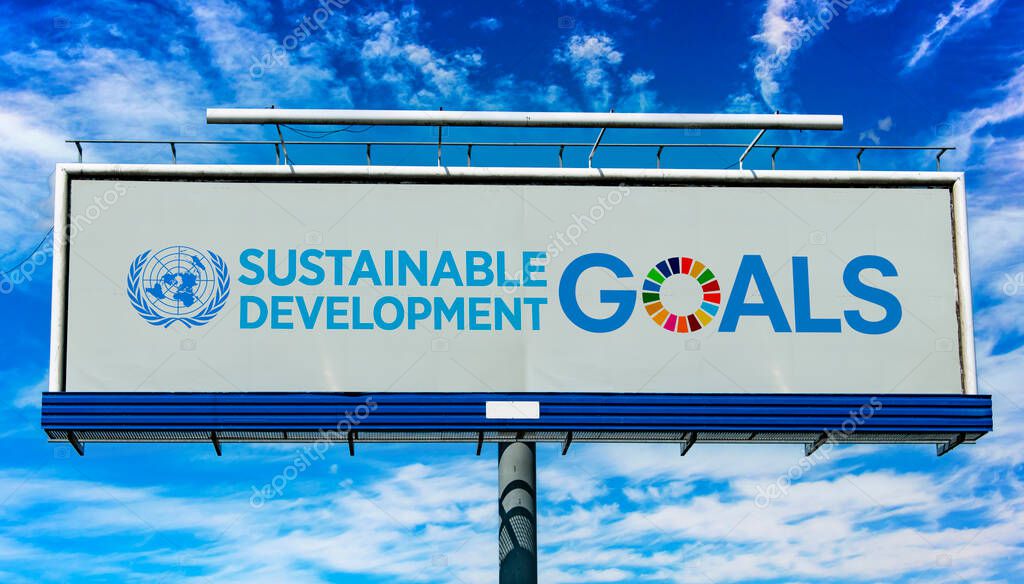 POZNAN, POL - MAY 1, 2022: Advertisement billboard displaying logo of The Sustainable Development Goals, a collection of 17 interlinked global goals set up in 2015 by the United Nations General Assembly