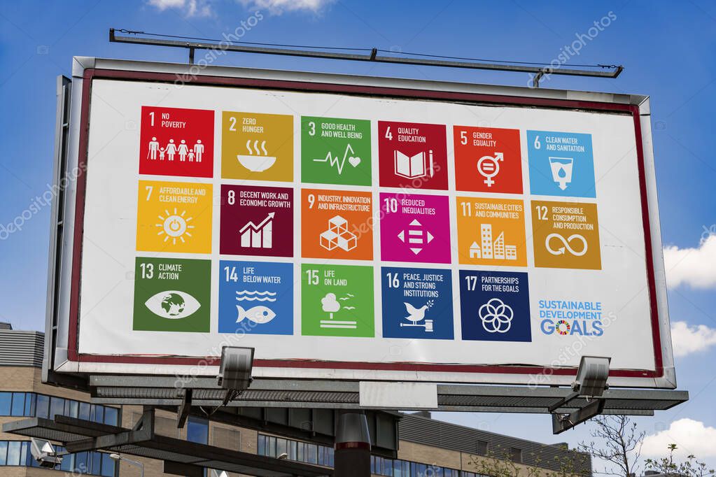POZNAN, POL - MAY 1, 2022: Advertisement billboard displaying logo of The Sustainable Development Goals, a collection of 17 interlinked global goals set up in 2015 by the United Nations General Assembly