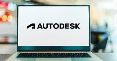 POZNAN, POL - APR 7, 2022: Autodesk 'in logosunu gösteren dizüstü bilgisayar, mimarlık, mühendislik, inşaat, imalat, medya ve eğitim için bir yazılım üreticisi