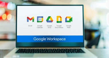 POZNAN, POL - APR 7, 2022: Laptop computer displaying logo of Google Workspace, a collection of cloud computing, productivity and collaboration tools, software and products by Google
