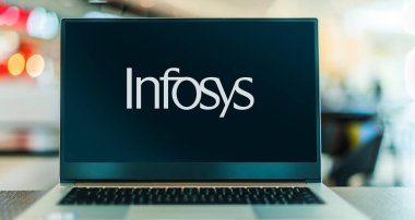 POZNAN, POL - APR 7, 2022: Laptop computer displaying logo of Infosys, an Indian multinational corporation that provides business consulting, information technology and outsourcing services