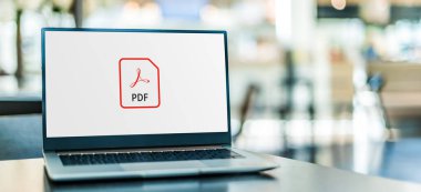 POZNAN, POL - NOV 12, 2020: Adobe Acrobat dosyasının logosunu gösteren dizüstü bilgisayar, Adobe Inc..