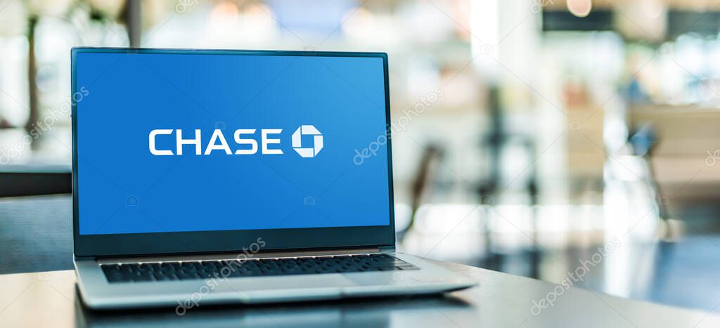 POZNAN, POL - JAN 6, 2021: Laptop computer displaying logo of Chase Bank, a national bank headquartered in Manhattan, New York City
