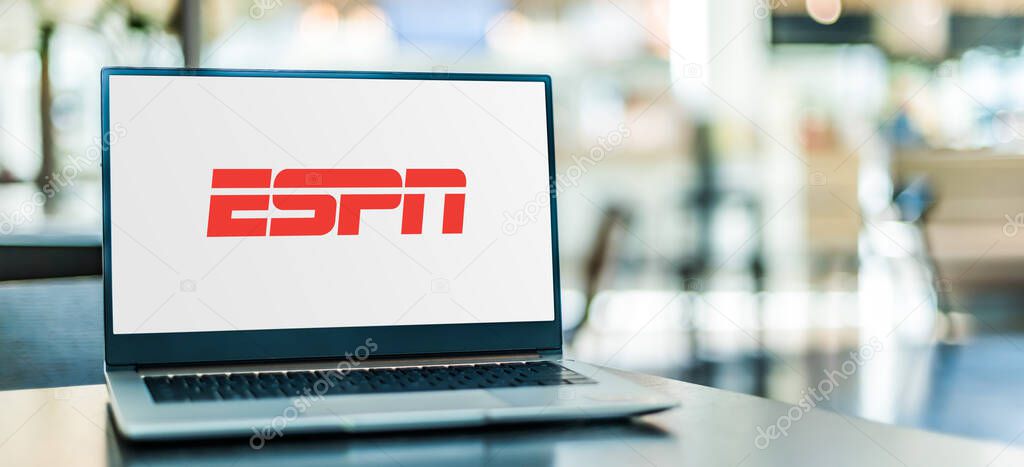POZNAN, POL - JAN 6, 2021: Laptop computer displaying logo of ESPN, a cable sports channel owned by ESPN Inc., owned jointly by The Walt Disney Company and Hearst Communications