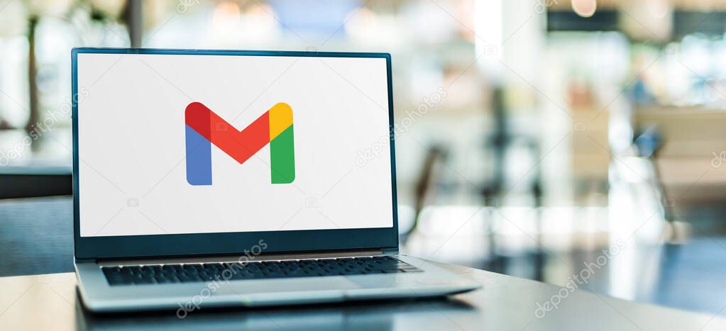 POZNAN, POL - JAN 6, 2021: Laptop computer displaying logo of Gmail, a free email service developed by Google