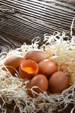 Composition with six chicken eggs on wood.