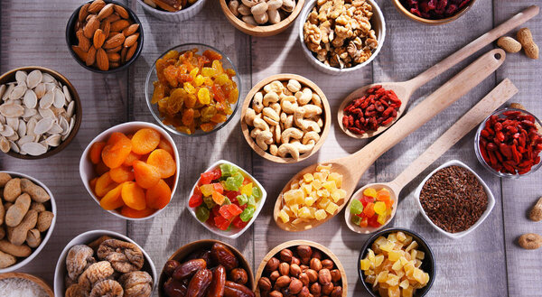 Composition with dried fruits and assorted nuts. Delicacies.