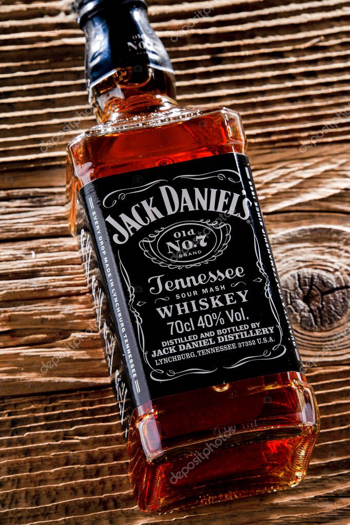 POZNAN, POL - APR 7, 2022: Bottle of Jack Daniel's, a brand of the best selling American whiskey in the world,  produced by the Jack Daniel Distillery and owned by the Brown-Forman Corporation since 1956