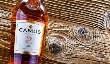 POZNAN, POL - 13 APR 2022: Jean-Baptiste Camus tarafından 1863 yılında kurulan bir şişe Camus konyağı, merkezi Fransa 'nın Konyak kentinde bulunan bir marka.