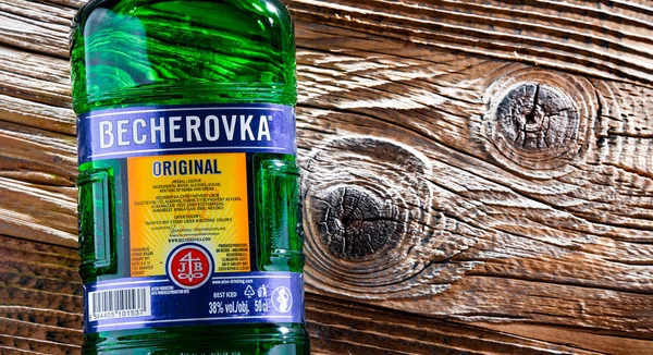 Poznan Pol Apr 2022 Bottle Becherovka Herbal Bitters Produced Karlovy — Stock Photo, Image