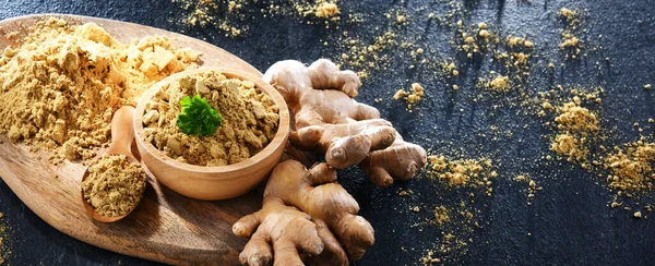 Bowl Ground Ginger Its Fresh Rhizome — Stock Photo, Image