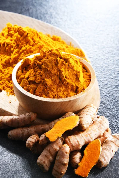 Composition Bowl Ground Turmeric Its Fresh Rhizome — Stock Photo, Image