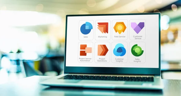 Poznan Pol Května 2022 Notebook Ikonami Microsoft Dynamics 365 Customer — Stock fotografie