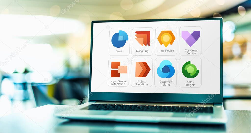 POZNAN, POL - MAY 24, 2022: Laptop computer displaying icons of Microsoft Dynamics 365 Customer Engagement software