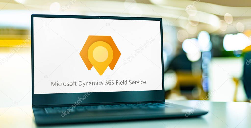 POZNAN, POL - APR 9, 2022: Laptop computer displaying logo of Microsoft Dynamics 365 Field Service