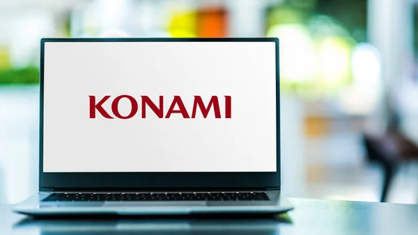 Poznan Pol Mar 2021 Laptop Computer Displaying Logo Konami Holdings — Zdjęcie stockowe