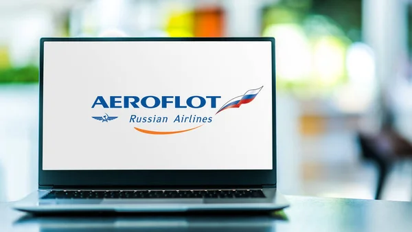 Poznan Pol Mar 2021 Laptop Počítač Logem Aeroflotu Vlajkového Dopravce — Stock fotografie