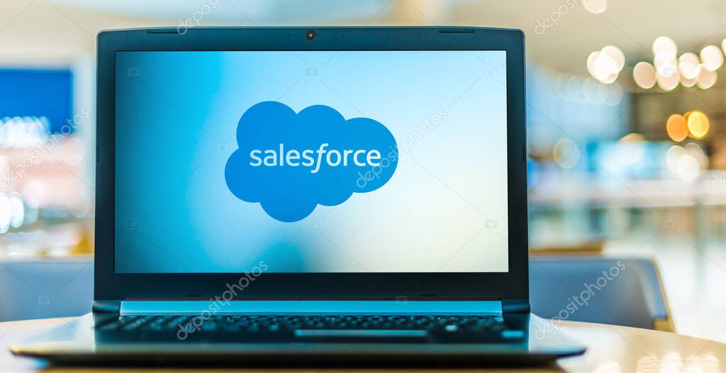 POZNAN, POL - JAN 6, 2021: Laptop computer displaying logo of Salesforce.com, an American cloud-based software company. It provides customer relationship management (CRM) service