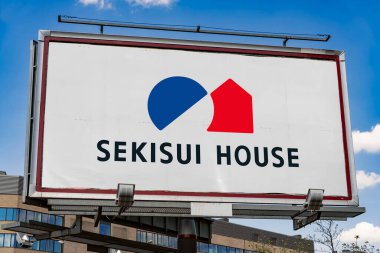 POZNAN, POL - MAY 1, 2022: Advertisement billboard displaying logo of Sekisui House, one of Japan's largest homebuilders clipart
