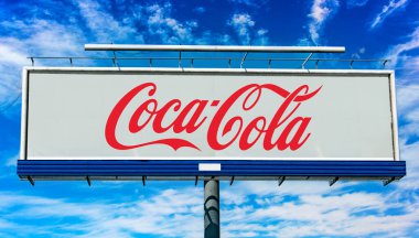 POZNAN, POL - MAY 1, 2022: Advertisement billboard displaying logo of Coca Cola