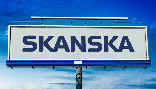 Poznan Pol Maj 2022 Reklamy Billboardzie Logo Skanska Międzynarodowej Firmy — Zdjęcie stockowe