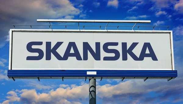 Poznan Pol Maj 2022 Reklamy Billboardzie Logo Skanska Międzynarodowej Firmy — Zdjęcie stockowe