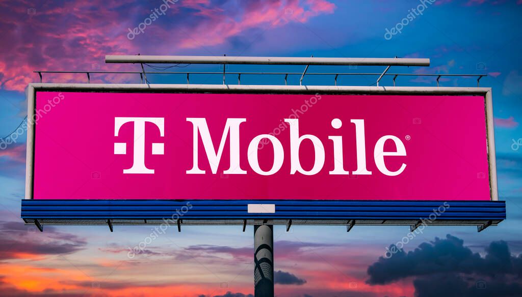 POZNAN, POL - MAY 1, 2022: Advertisement billboard displaying logo of T-Mobile US, an American wireless network operator majority owned by German telecommunications company Deutsche Telekom