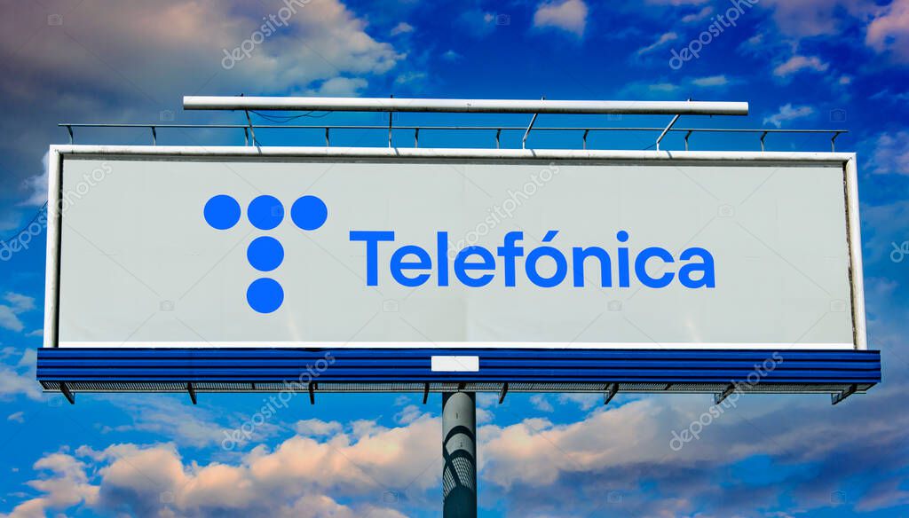 POZNAN, POL - MAY 1, 2022: Advertisement billboard displaying logo of Telefonica, a Spanish multinational telecommunications company headquartered in Madrid, Spain