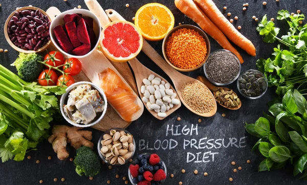 Potravinářské Výrobky Doporučené Snížení Vysokého Krevního Tlaku Dieta Léčbě Hypertenze — Stock fotografie