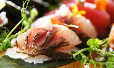 Çeşitli suşi sarmalarıyla kompozisyon.