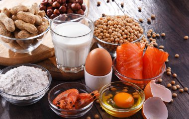 Yumurta, süt, soya, fıstık, fındık, balık, deniz ürünleri ve buğday unu gibi ortak gıda alerjisi olan bileşim
