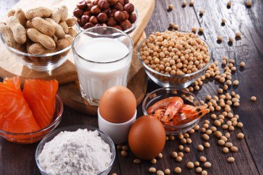 Yumurta, süt, soya, fıstık, fındık, balık, deniz ürünleri ve buğday unu gibi ortak gıda alerjisi olan bileşim