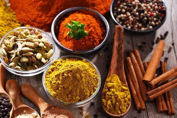 Variety Spices Wooden Kitchen Table — Stock Photo, Image