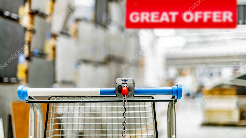 A shopping cart in a home improvement store.