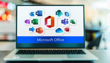 POZNAN, POL - JUN 28, 2022: Laptop computer displaying logos of Microsoft Office, a family of client software, server software, and services developed by Microsoft