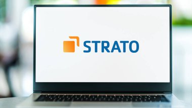 POZNAN, POL - FEB 25, 2022: Laptop computer displaying logo of Strato AG, an internet hosting service provider headquartered in Berlin, Germany