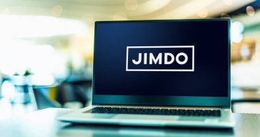 POZNAN, POL - FEB 25, 2022: Laptop computer displaying logo of Jimdo, a German website-builder and all-in-one hosting solution, designed to enable users to build their own websites