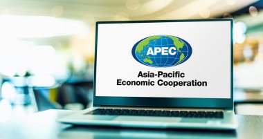POZNAN, POL - JUL 20, 2022: Laptop computer displaying logo of The Asia-Pacific Economic Cooperation, an inter-governmental forum for 21 member economies in the Pacific Rim